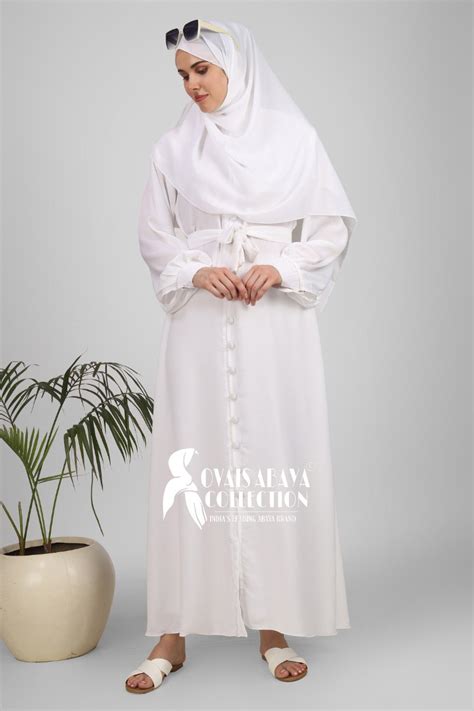 Ayesha Front Open Buttons Knot Abaya White Ovais Abaya Collection