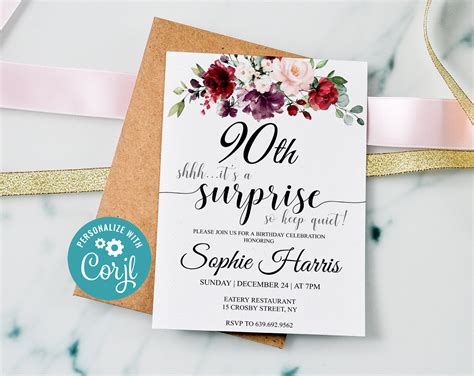 Editable Surprise 90th Birthday Invitation Burgundy Birthday