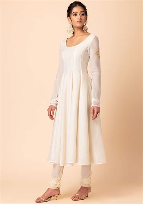 Buy Women Ivory Embroidered Anarkali Kurta With Churidar And Dupatta