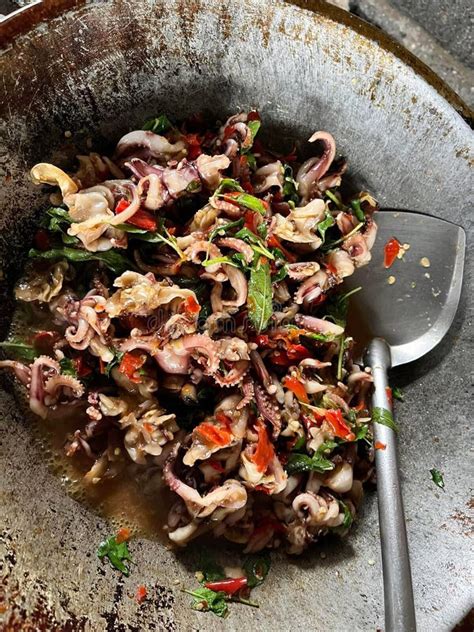 Fried Squid With Chili And Basil Stock Image Image Of Onion Tasty
