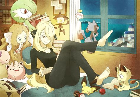 2girls Barefoot Bed Book Cattleya Pokemon Cynthia Pokemon Gardevoir