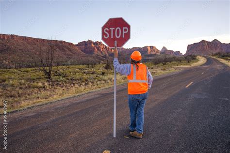 A Construction Worker Stopping Traffic Holding A Stop Sign Stock