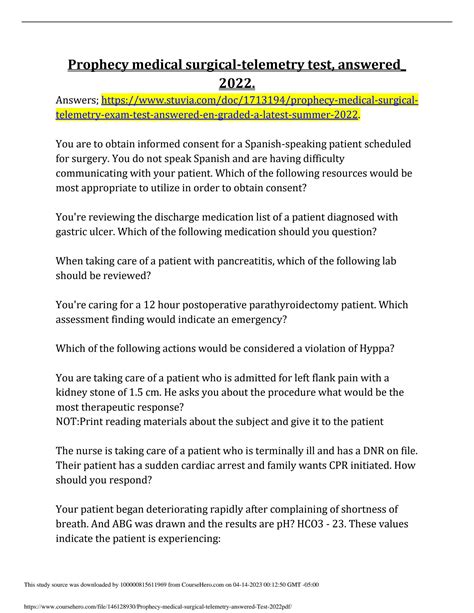 SOLUTION Prophecy Medical Surgical Telemetry Answered Test 2022 Pdf