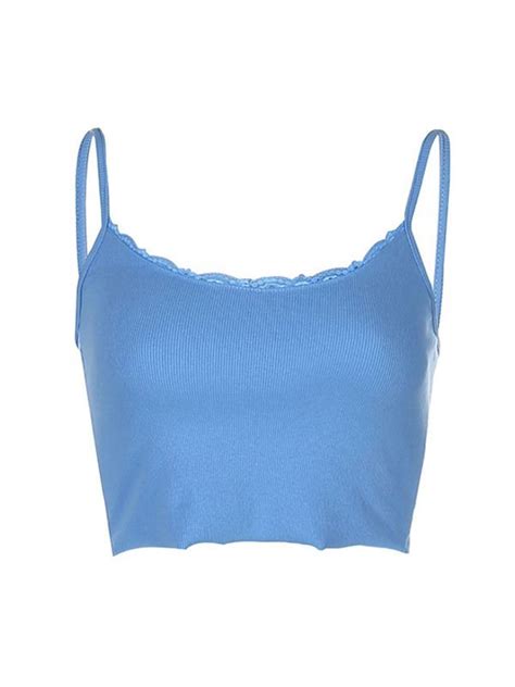 Emmiol Free Shipping 2023 Lace Trim Ribbed Crop Cami Top Blue M In Tank Tops And Camis Online