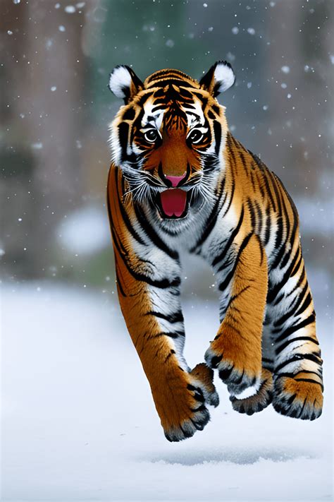 Baby Tiger Jumping in Snow · Creative Fabrica