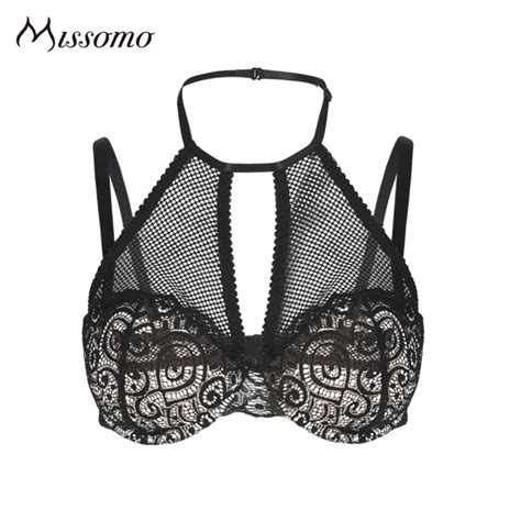 Missomo Sexy Black Bra Women Halter Mesh Semi Sheer Floral Hollow Out