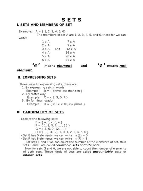 Sets In Mathematics Worksheets