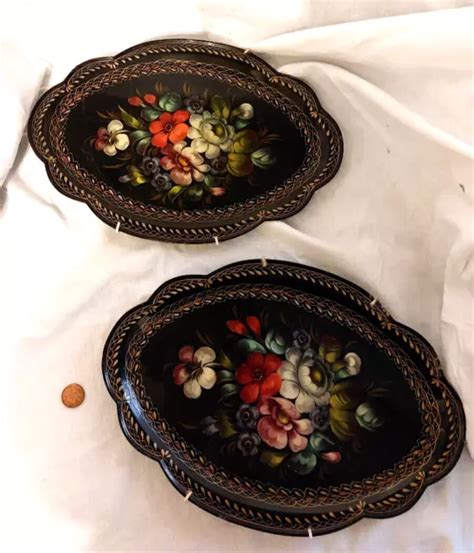 SET OF TWO Vintage Toleware Oval Black Tray Floral Hand Painted Signed