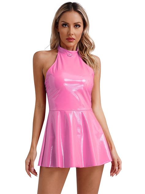 Inlzdz Women S Wet Look Leather Halter Neck Flared Mini Dress Clubwear