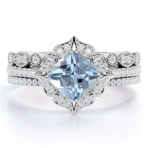 Jeenmata 1 5 Carat Cushion Cut Created Aquamarine And Moissanite Trio Engagement Jewelry Set In