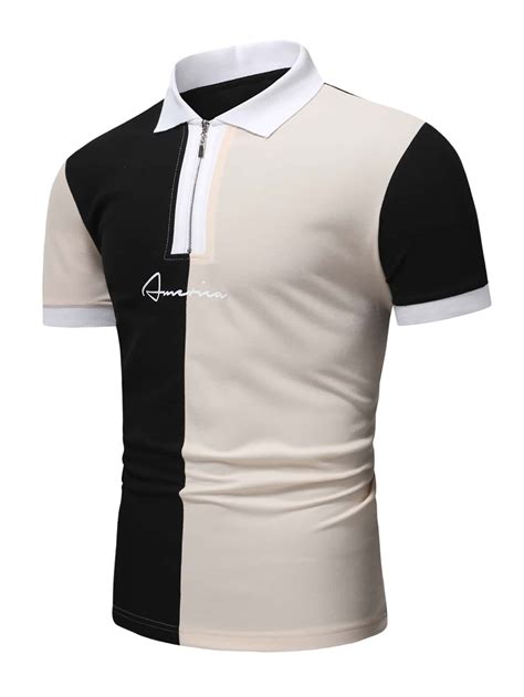 Men Letter Graphic Colourblock Quarter Zip Polo Shirt Mens Polo