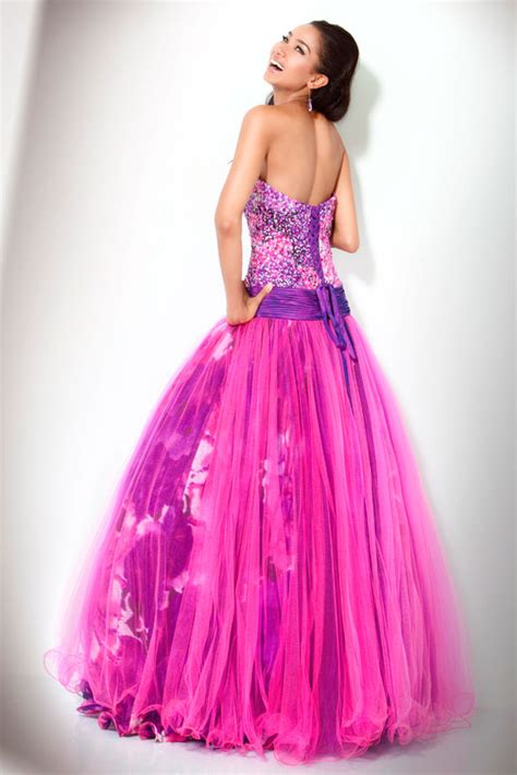 Printed Fuchsia Strapless Full Length A Line Tulle Prom Dress With Sequins