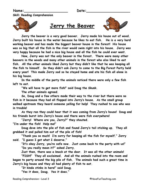 Jerry The Beaver Reading Comprehension Worksheet By Teach Simple