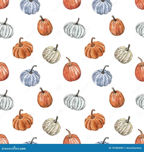 Watercolor Autumn Seamless Pattern With Hand Painted Pumpkins On White