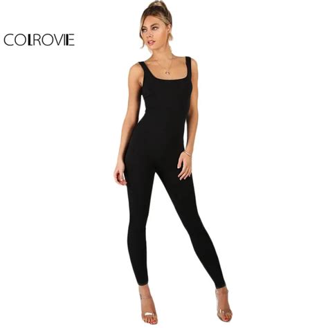 Colrovie Black Bodycon Jumpsuit Women Sleeveless Brief Slim Basic Tank