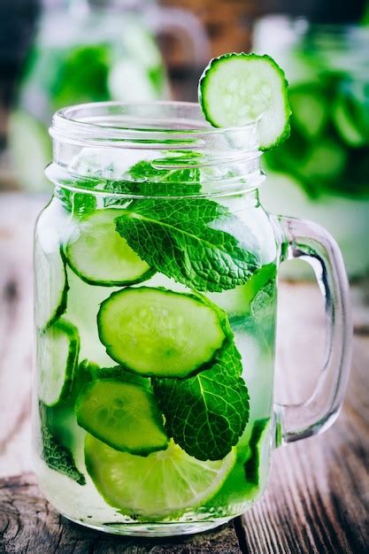 Premium Photo Detox Water With Cucumber Lime And Mint In Mason Jar