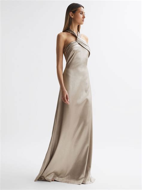 Halston Metallic Halter Neck Maxi Dress In Champagne Reiss