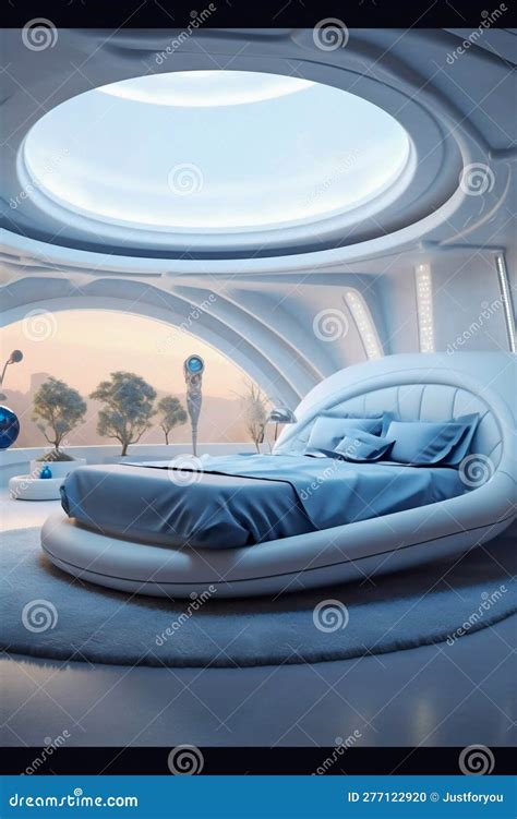 Futuristic Bedroom Decor With Large White Bed In Futuristic Room