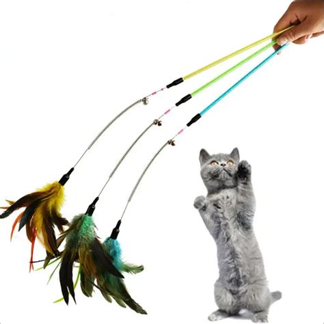 Colorful Cat Toys Feather Wand With Bell Cat Teaser Feather Interactive Stick Toy Wire Chaser