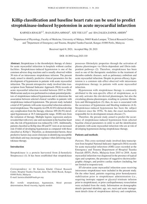 Pdf Killip Classification And Baseline Heart Rate Can Be Used To