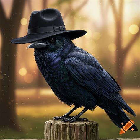 black crow sits   black top hat   wooden table  craiyon