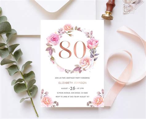 An Elegant Floral Birthday Party With Pink Roses And Greenery On The Front White Background