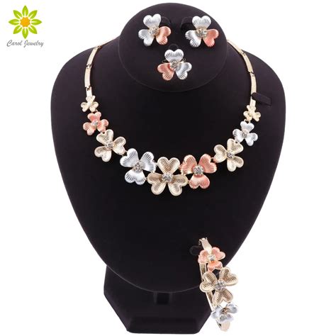 Fashion Women Gold Jewelry Sets Flower Shape Crystal Necklace Bracelet