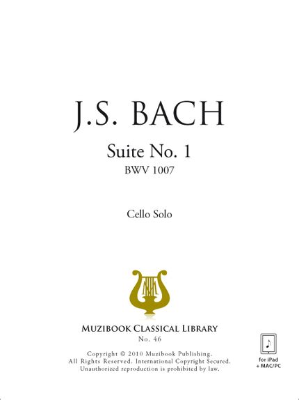 Suite No 1 Bwv 1007 Cello Solo Johann Sebastian Bach Ean13