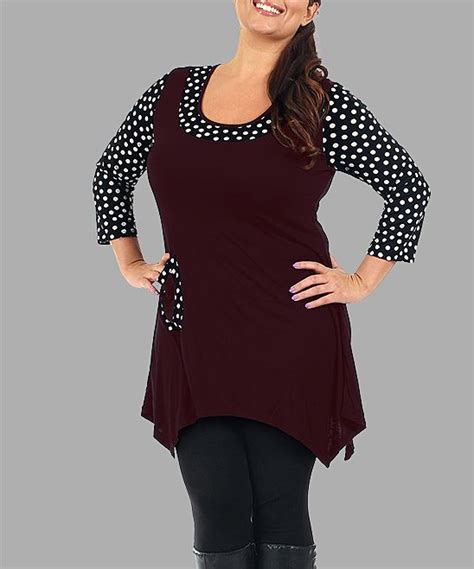 Aster Burgundy White Polka Dot Pocket Sidetail Tunic Plus Tunic