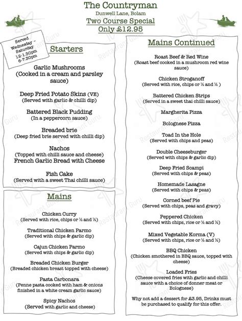 Menu at The Countryman & Countryview Campsite pub & bar, Bolam, Dunwell Ln