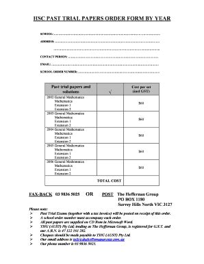 Fillable Online HSC PAST TRIAL PAPERS ORDER FORM BY YEAR The