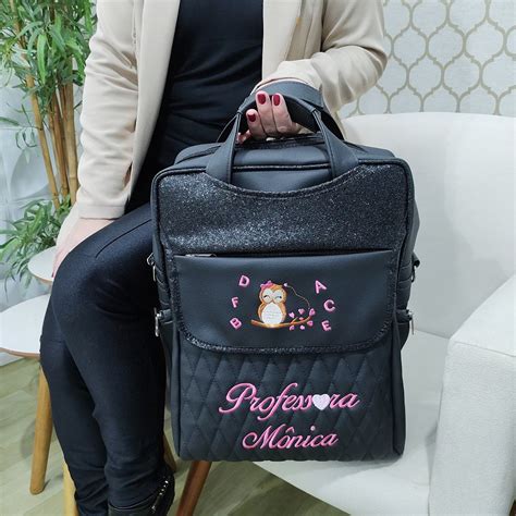 Bolsa Mochila Personalizada Professora Preto Shine Preto Coutre Bolsas