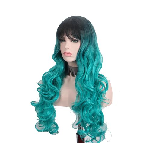 Anxin Long Curly Wigs For Women Black Root Dark Green Wave Cosplay Wig