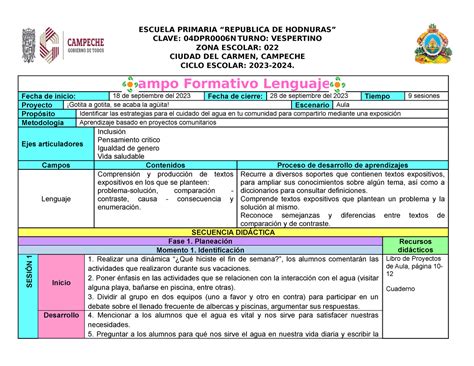 Proyecto Lenguajes 1 Gotita A Gotita Campo Formativo Lenguajes Fecha