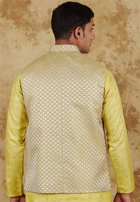 Buy Woven Art Silk Jacquard Nehru Jacket In Beige Online MLD170