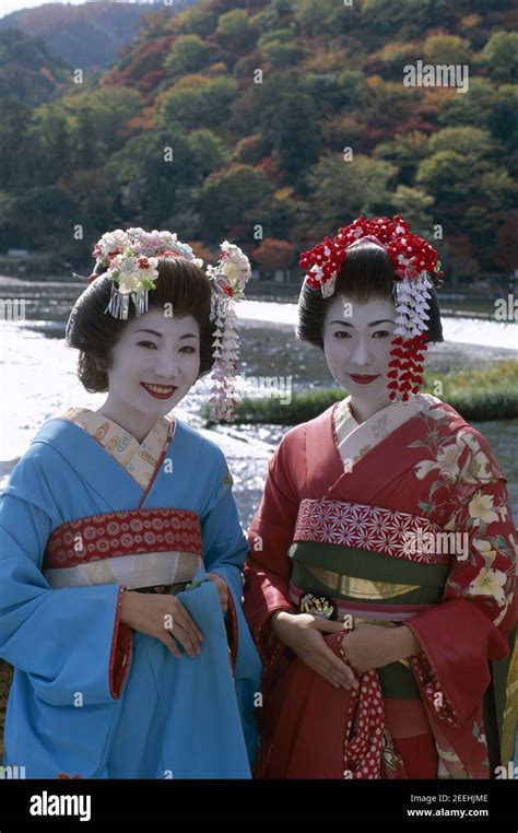 Japan Honshu Kyoto Arashiyama Two Girls Dressed As Geisha Wearing