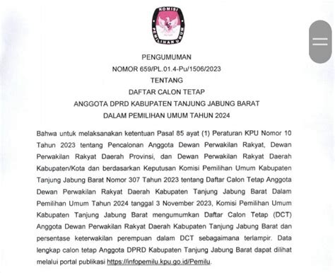 Pengumuman Daftar Calon Tetap DCT Anggota DPRD Kabupaten Tanjab Barat