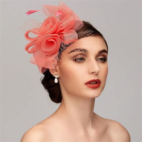 Elegante Red Malla Tul Fascinator Sombreros Tocado Clip Diadema Con