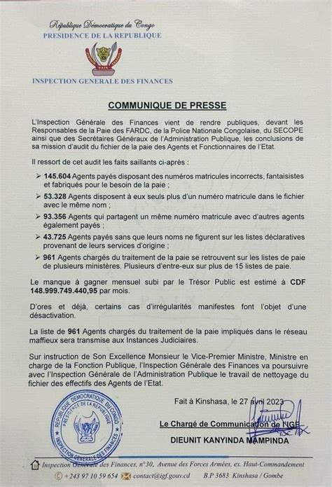 Rdc Ligf Rend Un Rapport Sur Sa Mission Daudit Du Fichier De La Paie