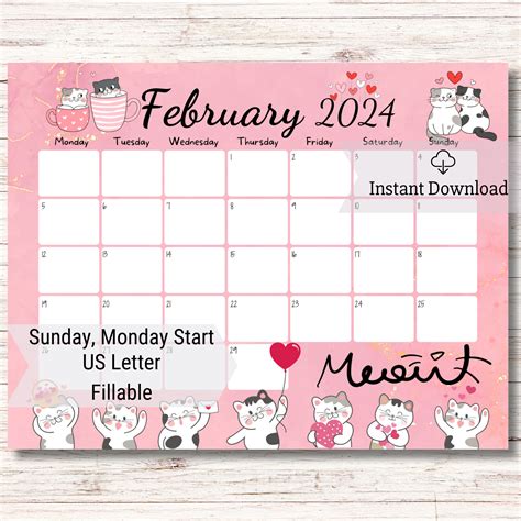 Editable February Calendar Printable Calendar Happy