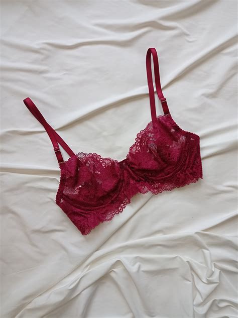 Burgundy Full Lingerie Sets Lace Bra Handmade Lingerie Garter Belt Sheer Thong Strappy