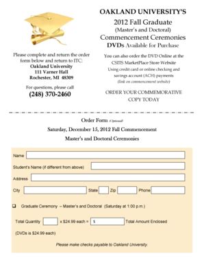 Fillable Online Oakland Graduate Commencement DVD Order Form Oakland