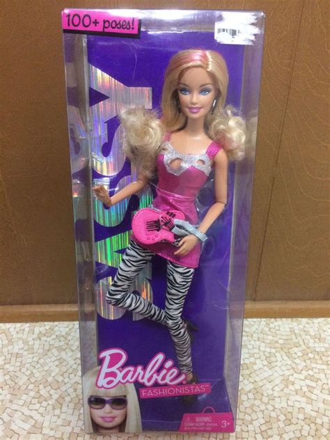 Fashionistas Sassy Barbie Doll Articulated Zebra Pant Guitar Purse Hot Pink Hair Mattel