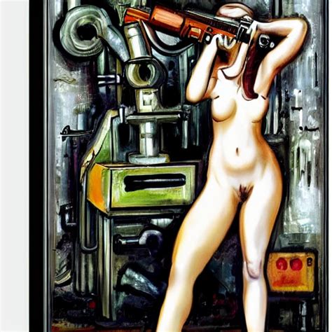 Naked Girl With Machine Gun In Industrial Factory Pablo Picaso