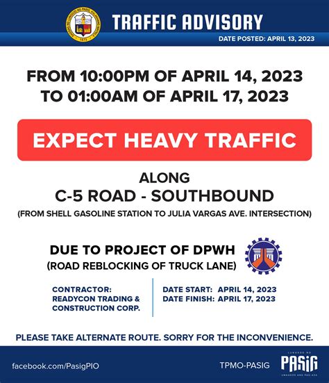 TRAFFIC ADVISORY (C-5 Road Southbound (from Shell Gasoline Station to