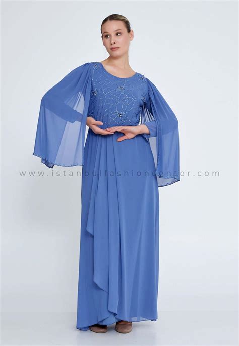 BDM CLUB Long Sleeve Maxi Chiffon Column Plus Size Blue Evening Dress