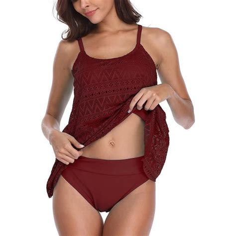 Femme Tankini Maillot de Bain Bikini Set Pièces Shorty avec Gilet Gaze sans Manches Beachwear