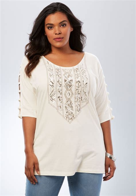 Embellished Lattice Sleeve Top Plus Size Tops Roaman S