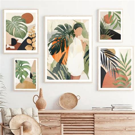 Abstract Monstera Sun Woman Plant Boho Wall Art Canvas Painting Nordic