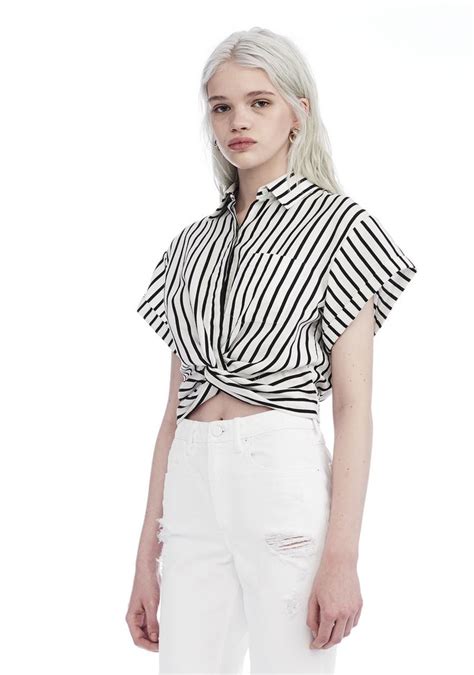 Alexander Wang ‎striped Twist Front Short Sleeve Crop Shirt ‎ ‎top